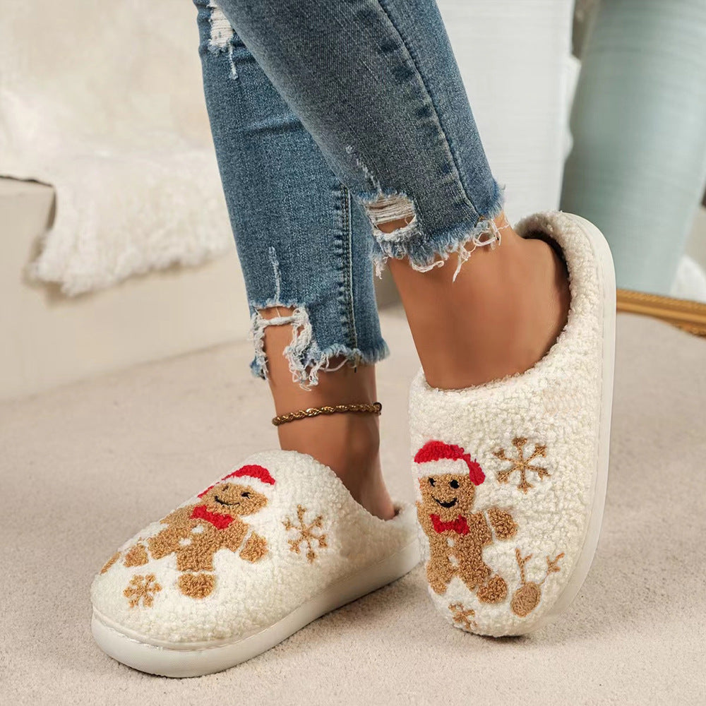 Cozy Christmas Snowflake Gingerbread Slippers – Non-Slip Fuzzy Indoor Shoes for Women