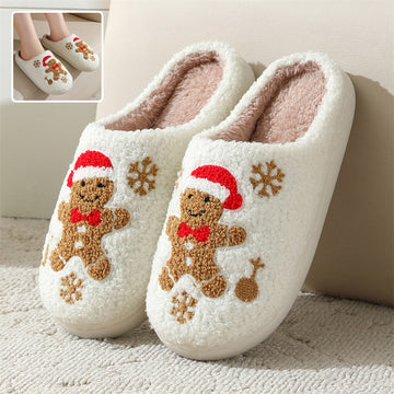 Cozy Christmas Snowflake Gingerbread Slippers – Non-Slip Fuzzy Indoor Shoes for Women